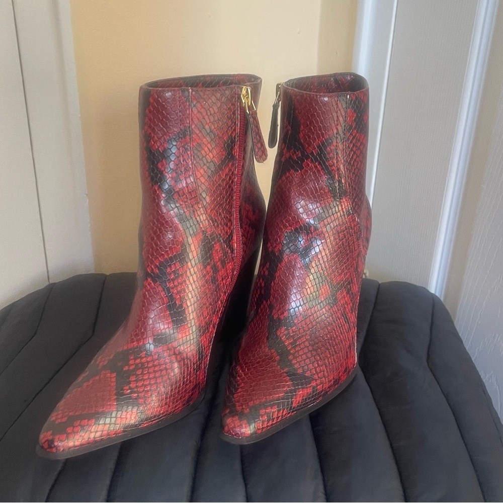 Jennifer Lopez Red and Black Snake Print Ankle Boots
